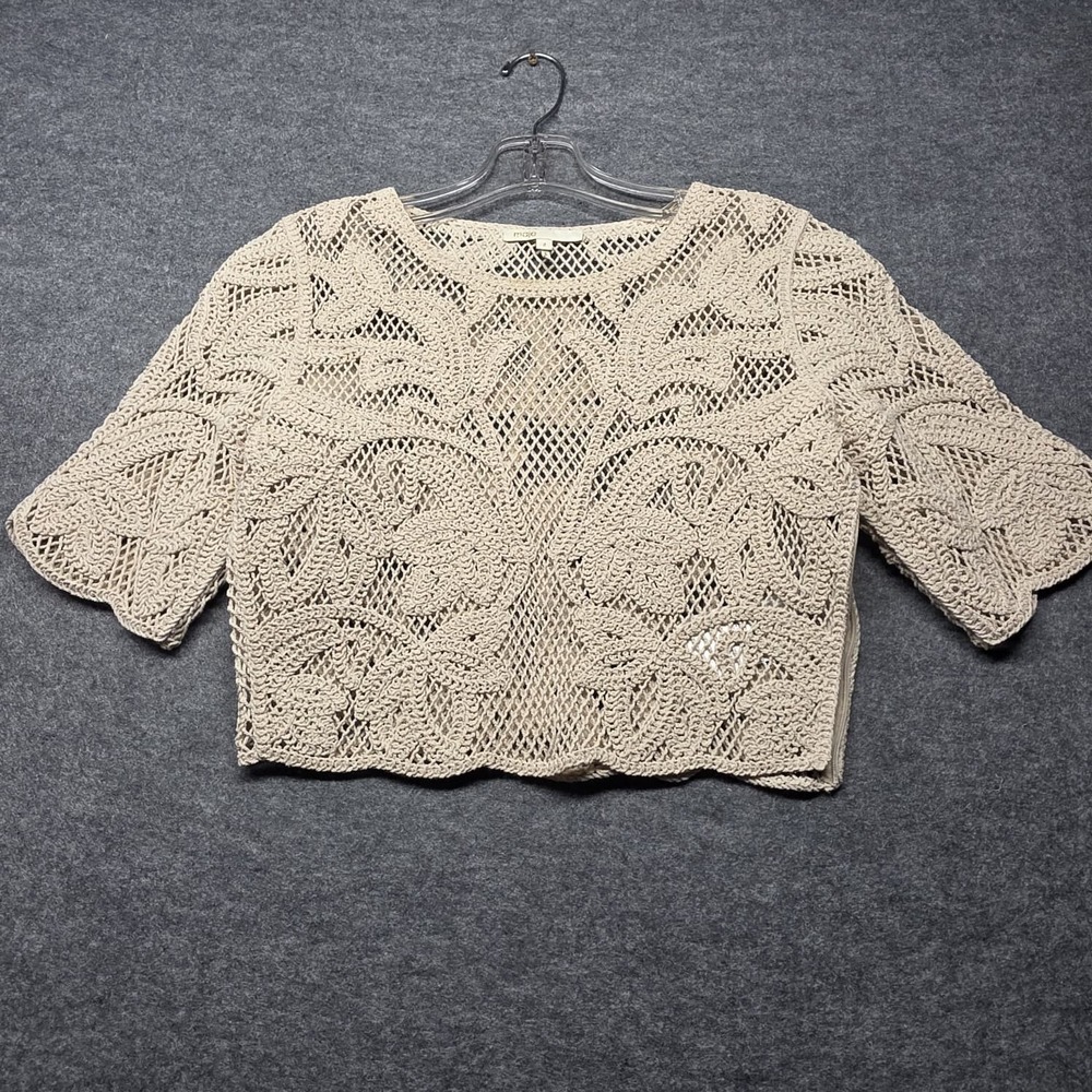 Maje Beige Crochet Knit Sweater Women's Size 2 Openwork Lace Long Sleeve